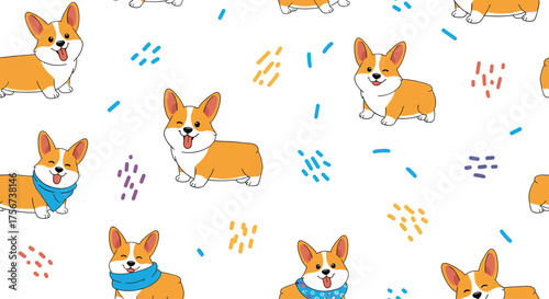 Whimsical pattern of happy corgi dogs with playful confetti sprinkles.