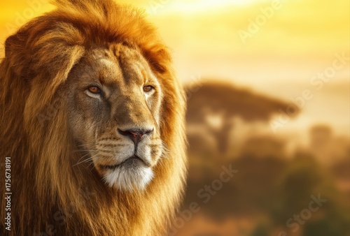 Lion observing its territory in the African savanna at golden hour, portraying power, strength and wildlife