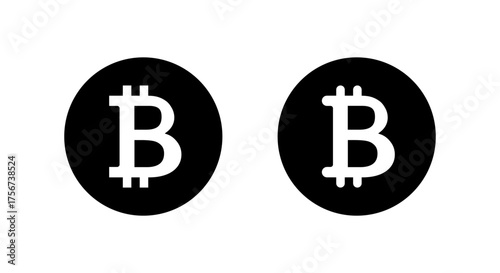 Bitcoin logo icon in black circle. Blockchain currency and crypto payment symbol
