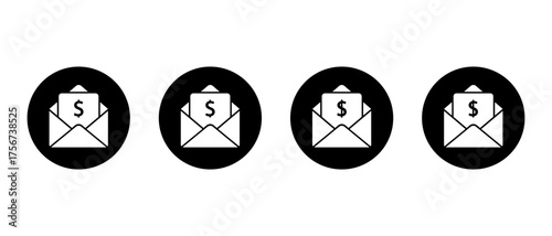 Dollar mail icon set in black circle. Envelope with money sign representing salary or income message