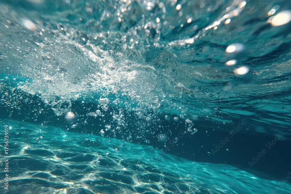 Obraz premium Slow motion underwater bubbles rising to the surface, creating a mesmerizing display of light and movement in clear blue water