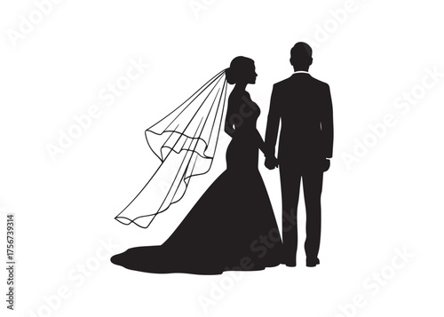 Vector art of silhouette of a newly married couple holding hands