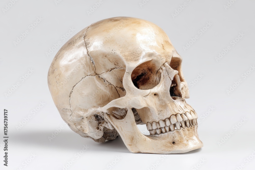 Obraz premium Human skull model displayed on a smooth white background, intricately detailed to showcase anatomical features for educational purposes