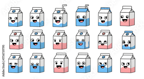 Adorable Seamless Pattern of Kawaii Milk & Juice Cartons with Faces - Childhood, Drinks, Healthy Beverage Art