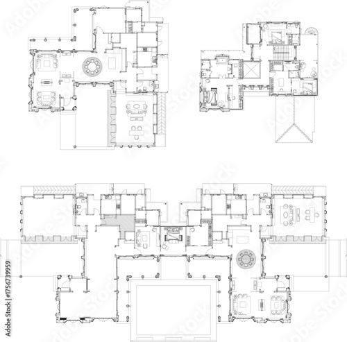 Furniture layout drawing and floor plan for large residential building — first and second floors with living hall, living room, kitchen, dining room, bedroom and bathroom