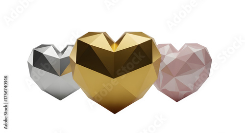 Elegant Geometric Silver & Gold Faceted Hearts - Love Symbol, Modern Romance, Digital Art, Graphic Design Element