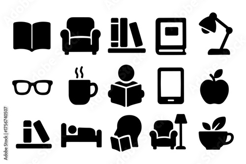 set of 9 simple editable icons such as coffee, book, coffee cup, coffee, laptop, book, chair, reading, coffee