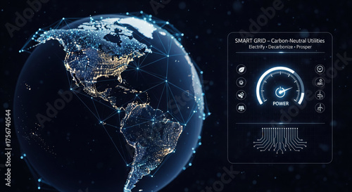 Digital globe smart grid carbon neutral utilities electricity decarbonize prosper futuristic technology network power innovation sustainability energy glowing blue night