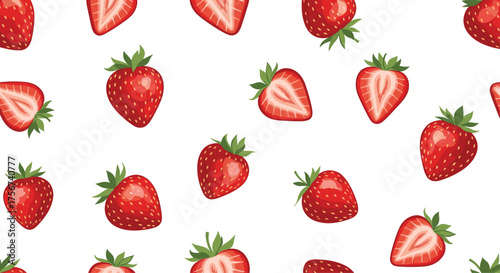 Freshly picked ripe red strawberries in a repeating pattern on a white background.
