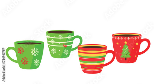 Four festive mugs filled with hot cocoa on a white background.