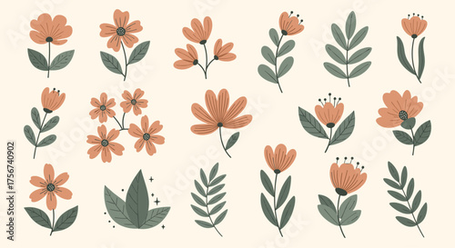 A collection of delicate botanical illustrations featuring blooming flowers and leafy branches