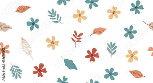 A delicate pattern of colorful flowers and leaves scattered across a white background.