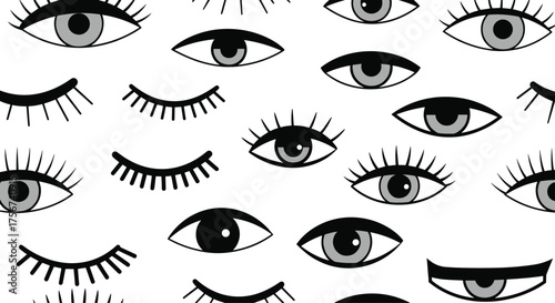 A close up repeating pattern of stylized eyes and closed eyelids.