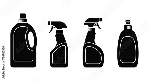 Collection of various cleaning product bottles with spray nozzles and handles for household use.