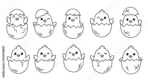 Cute little chicks hatching from their eggs with happy expressions.