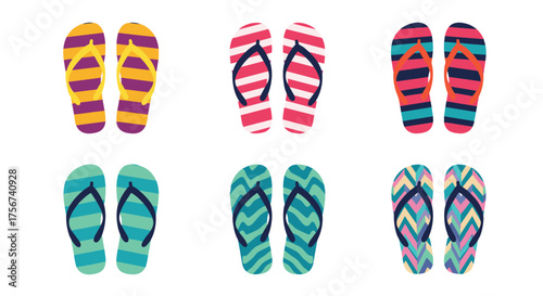 Colorful striped and chevron pattern flip flops arranged in a grid on a white background.