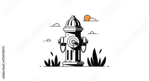A vintage style fire hydrant stands tall amidst lush green grass under a bright orange sun.