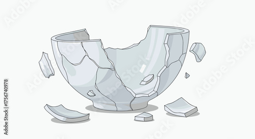 A shattered white bowl lies in pieces on a plain surface.