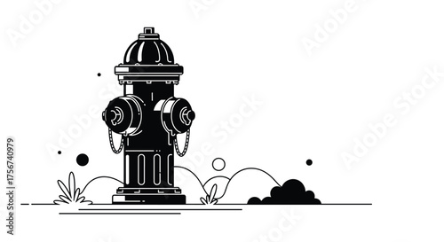 A black and white illustration of a fire hydrant with decorative elements.