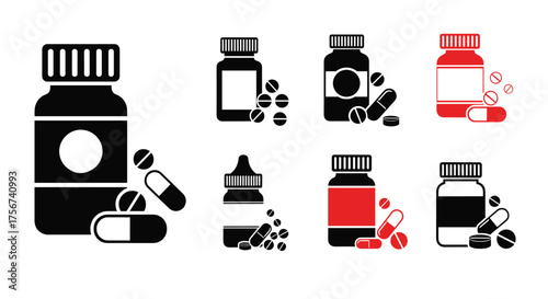 Collection of pharmaceutical packaging and medicine icons representing health and treatment.