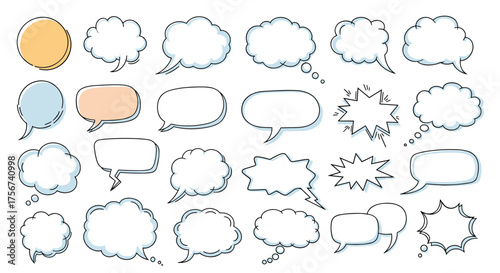 Collection of diverse empty thought bubbles and speech balloons for communication concepts.