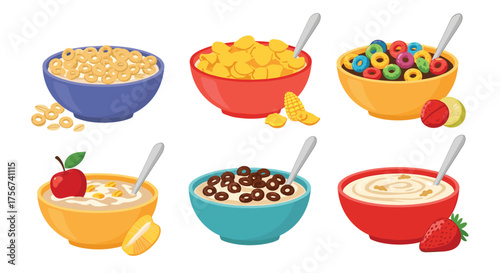 A collection of six breakfast bowls filled with various cereals and fruits for a healthy start to the day.