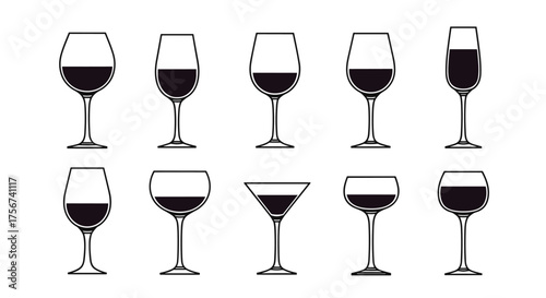 A collection of ten distinct wine glasses each filled with dark red wine.