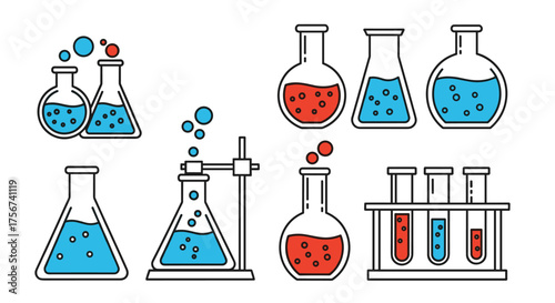 Illustrations of various laboratory glassware used for scientific experiments.