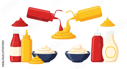 A collection of various sauces and condiments presented in bottles and bowls.