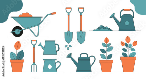 Gardening tools and plants for cultivating a flourishing garden environment.