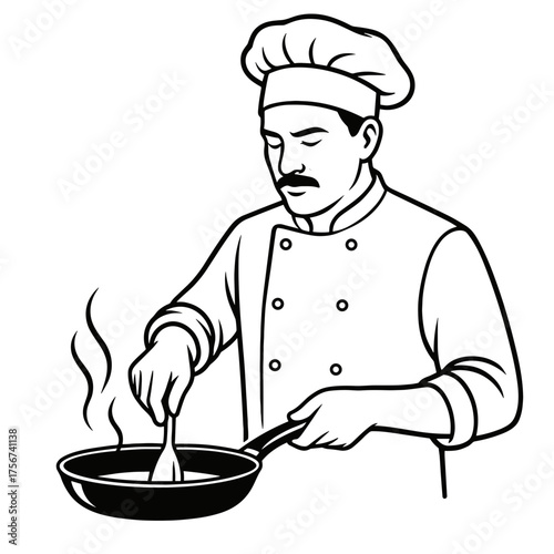 Chef cooking in kitchen while stirring food in frying pan  