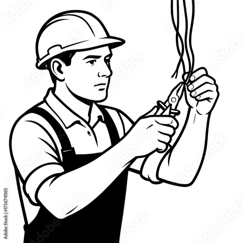 Electrician using wire cutters to trim electrical wires  