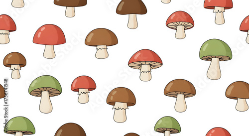 Whimsical Seamless Pattern of Cute Cartoon Mushrooms - Fantasy Forest, Nature Graphic, Organic Design, Playful