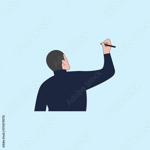 Back view of a man holding pen and writing vector illustration. Person drawing, takes notes with pen