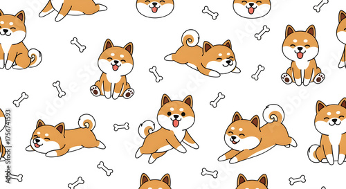 Adorable Seamless Pattern of Cute Shiba Inu Dogs - Pet Animals, Kawaii Design, Playful Puppies, Breed Art