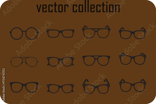 A collection of diverse vintage and modern eyeglasses silhouettes displayed in a grid on a brown background showcasing various frame styles