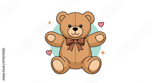 A cuddly teddy bear with a bow tie wearing a cute ribbon.