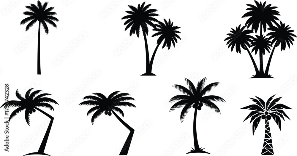 Fototapeta premium Palm tree silhouette vector illustration set, black tropical icons, artistic clipart bundle for design, abstract, seasonal, botanical, decorative, and exotic use