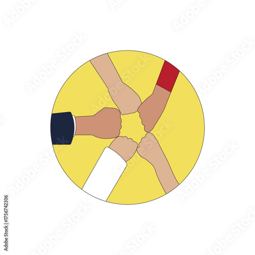 Group of people unite their hands together vector illustration.  Diverse multi-ethnic concept