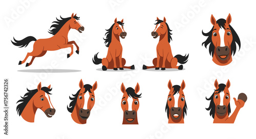 A collection of adorable cartoon horses in various playful poses and expressions.