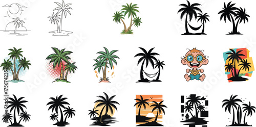 Palm tree silhouette and illustration set, black vector artwork, tropical beach design, sunset and hammock variations, minimal nature concept, decorative summer elements
