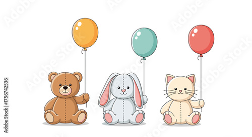 Cute teddy bear bunny and kitten with balloons.