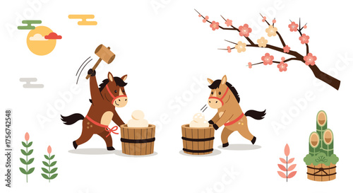 Horses preparing mochi for new year celebrations.