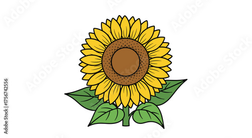 A vibrant yellow sunflower with green leaves and a brown center.