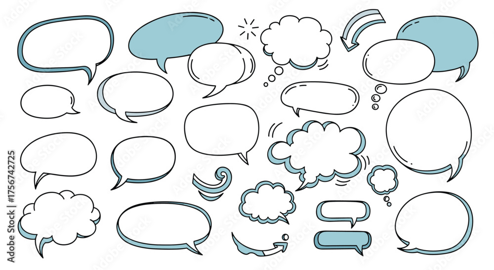 Fototapeta premium A collection of hand-drawn speech and thought bubbles with varying designs and sizes.