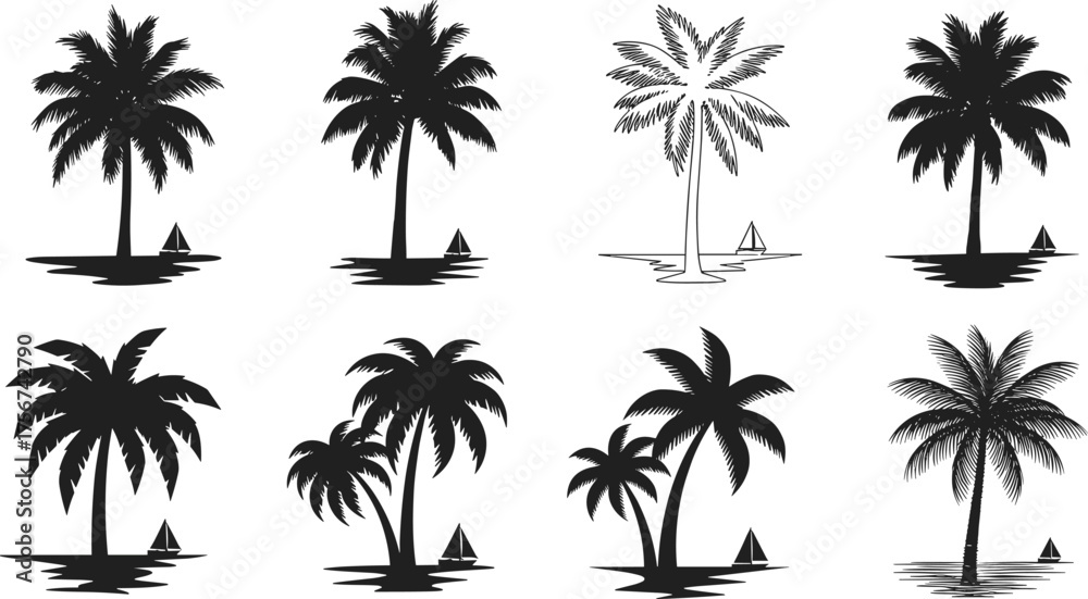 Naklejka premium Palm tree silhouette vector set, tropical beach illustration with sailboat and water reflection, exotic island nature design, summer holiday decorative elements