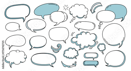 A collection of hand-drawn speech and thought bubbles with varying designs and sizes.