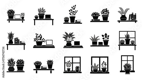 Desktop Plant Silhouette Icon Set – Vector Illustrations of Small Plants on Desks, Shelves, and Windowsills Representing Workspace Decoration and Air-Purifying Greenery