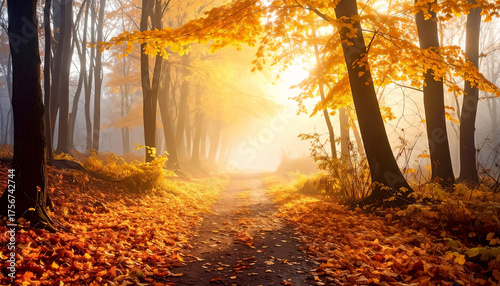 Autumn mood with foggy forest path covered in golden leaves, sunrise light, no people