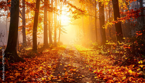 Autumn mood with foggy forest path covered in golden leaves, sunrise light, no people